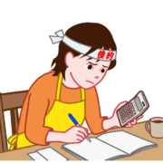 倹約のため電卓片手に、家計簿に奮闘している主婦のイラスト
