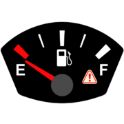 空を指して、警告ランプが点いている燃料計（残量計）のイラスト