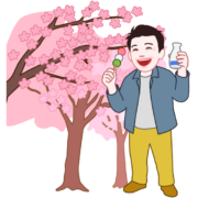 花見団子と花見酒を両手に持ってご機嫌な男のイラスト