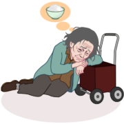 お腹が空いて道端で倒れ込んでしまったお婆さんのイラスト