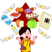 主婦の手を離れて飛んで行くお金｜食品価格高騰のイラスト