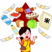 主婦の手を離れて飛んで行くお金｜食品価格高騰のイラスト