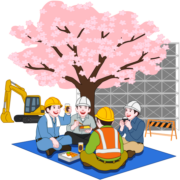 工事現場にある満開の桜の木の下で、昼食をとる工事作業員達のイラスト