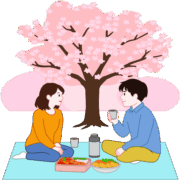 お花見で会話がはずんでいる若いカップルのイラスト
