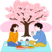 お花見で会話がはずんでいる若いカップルのイラスト