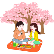 お花見ピクニックを若いカップルが楽しんでいるイラスト