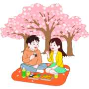 お花見ピクニックを若いカップルが楽しんでいるイラスト