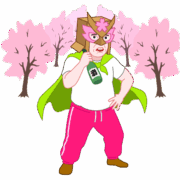 哀愁のお花見仮面がお花見会場でポーズを決めているイラスト