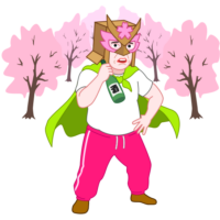 哀愁のお花見仮面がお花見会場でポーズを決めているイラスト