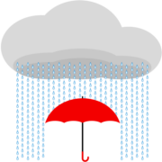 赤い傘の上に、雨雲から大量の雨が落ちているイラスト