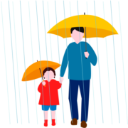 梅雨の日に、父と娘が傘をさして外出しているイラスト