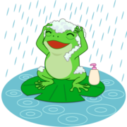 梅雨のシャワーを浴びてシャンプーしているアマガエルのイラスト