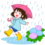 長靴でスキップして雨降りを楽しんでいる女の子のイラスト
