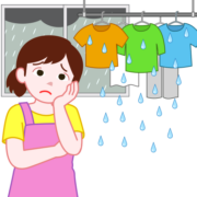 梅雨時は、部屋干しの洗濯物が乾かないので困り顔の主婦のイラスト