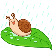 葉の上で雨を浴びてうれしそうな梅雨時期のカタツムリのイラスト