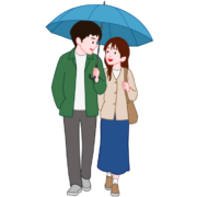 若いカップルが雨の日に相合傘で歩いているイラスト