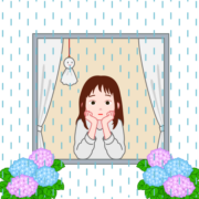 つまらなそうな顔をして雨降りの窓の外を眺めている少女のイラスト