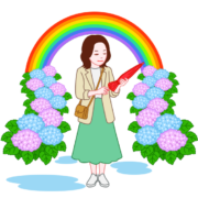 雨上がりの虹の下で紫陽花に囲まれ、傘をたたむ女性のイラスト
