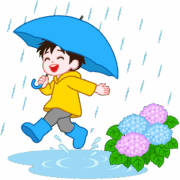 雨降りに傘をさして、楽しそうに長靴でスキップしている男の子のイラスト