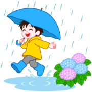 雨降りに傘をさして、楽しそうに長靴でスキップしている男の子のイラスト
