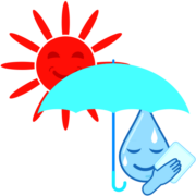 太陽が照り出したので梅雨の雨粒君が日傘をさして汗を拭いているイラスト