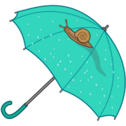 雨で濡れた傘の上を這っているカタツムリのイラスト