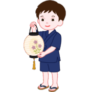 玄関にさげる盆提灯（お迎え提灯）の準備をしている男の子のイラスト
