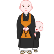 和尚さんの後ろに恥ずかしそうにして隠れている小坊主のイラスト