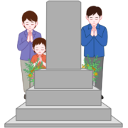 お墓の背面から見た家族のお墓参りのイラスト