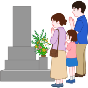 家族のお墓参りを横から見たイラスト