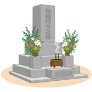 花と線香を供えられたお盆の時期のお墓のイラスト