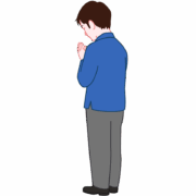 手を合わせて祈っている男性の斜め後ろ姿のイラスト
