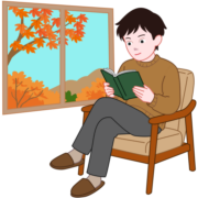 秋の窓辺で読書に夢中の男性のイラスト