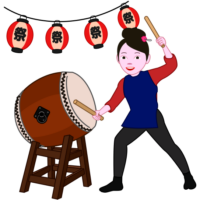 力強く太鼓を叩いているお祭り女子のイラスト