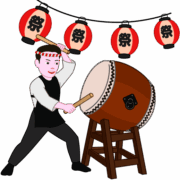 太鼓を叩く男性 紅白のねじり鉢巻きをして祭り太鼓を叩く男性のイラスト