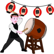 太鼓を叩く男性 紅白のねじり鉢巻きをして祭り太鼓を叩く男性のイラスト