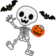 骸骨お化け ハロウィンの骸骨お化けとコウモリのイラスト
