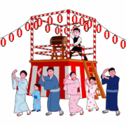盆踊り 櫓のまわりで盆踊りを踊る人達のイラスト