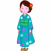 Illustration of a woman wearing a green kimono with cherry blossom patterns and a flower hair accessory.