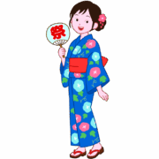An illustration of a cute woman in a yukata holding a uchiwa