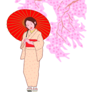 Woman in a pink kimono holding a Japanese parasol with cherry blossoms