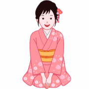 An illustration of a woman in a furisode kimono, sitting in seiza and bowing