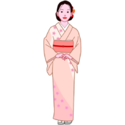 Illustration of a woman standing in a light pink kimono with a cherry blossom pattern, hands neatly clasped in front.