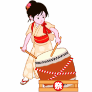 Clip art of a young woman wearing a kimono and playing a festival drum