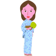 An illustration of a woman wearing a yukata and relaxing after a bath